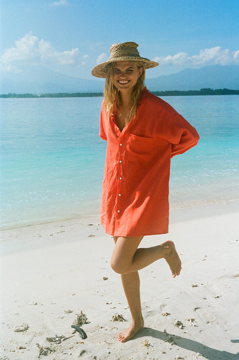 ROVE Women's Linen Shirt Oversized - Coral, 2X ROVE Women's Linen Shirt Oversized - Coral, 2X