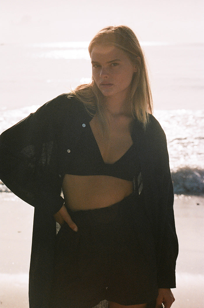 Boyfriend style button-up shirt dress - black linen