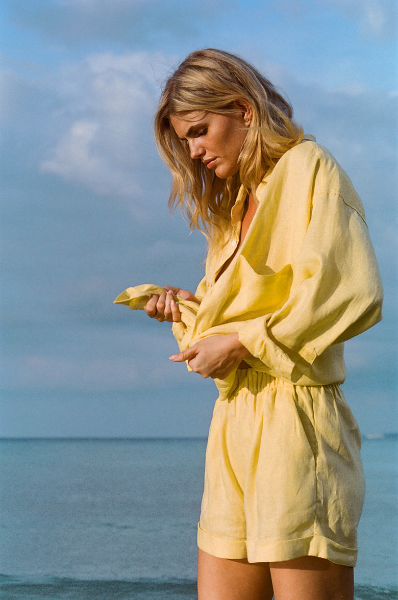 Butter yellow high-waisted beach shorts - sustainable design