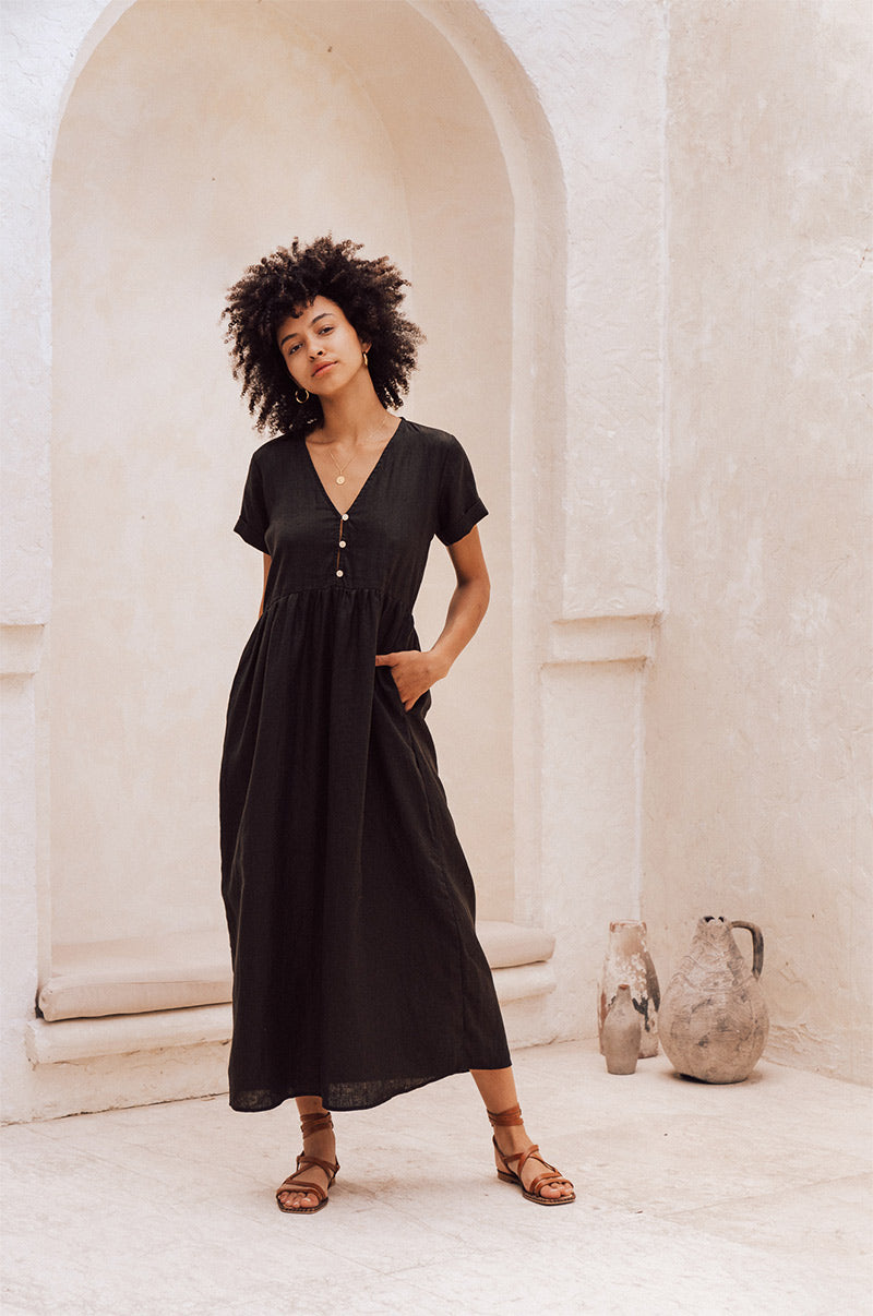 Long baby doll black linen midi dress