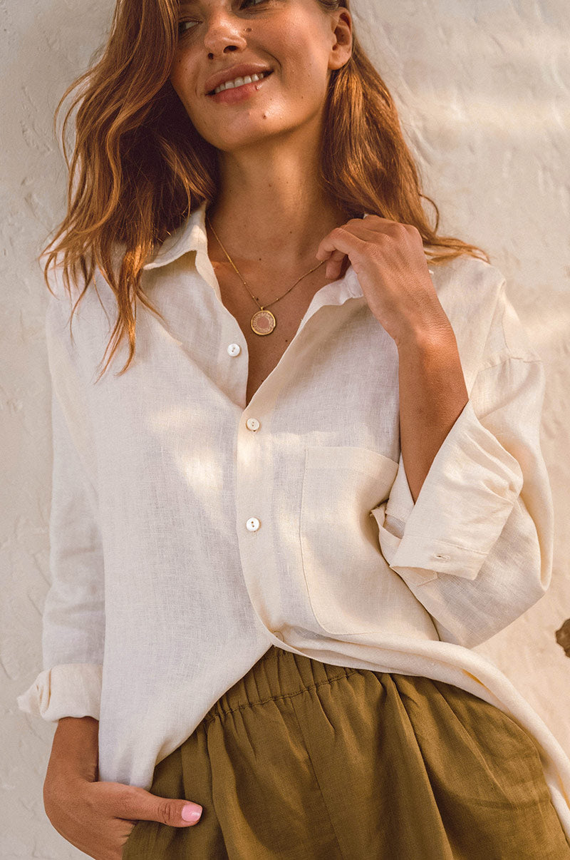 Boyfriend style button-up shirt dress - cream yellow linen