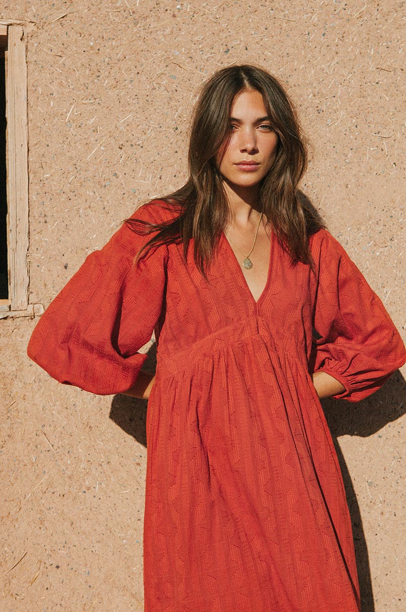 Rove Alma Midi Dress - Textured Cotton Warm Red, M