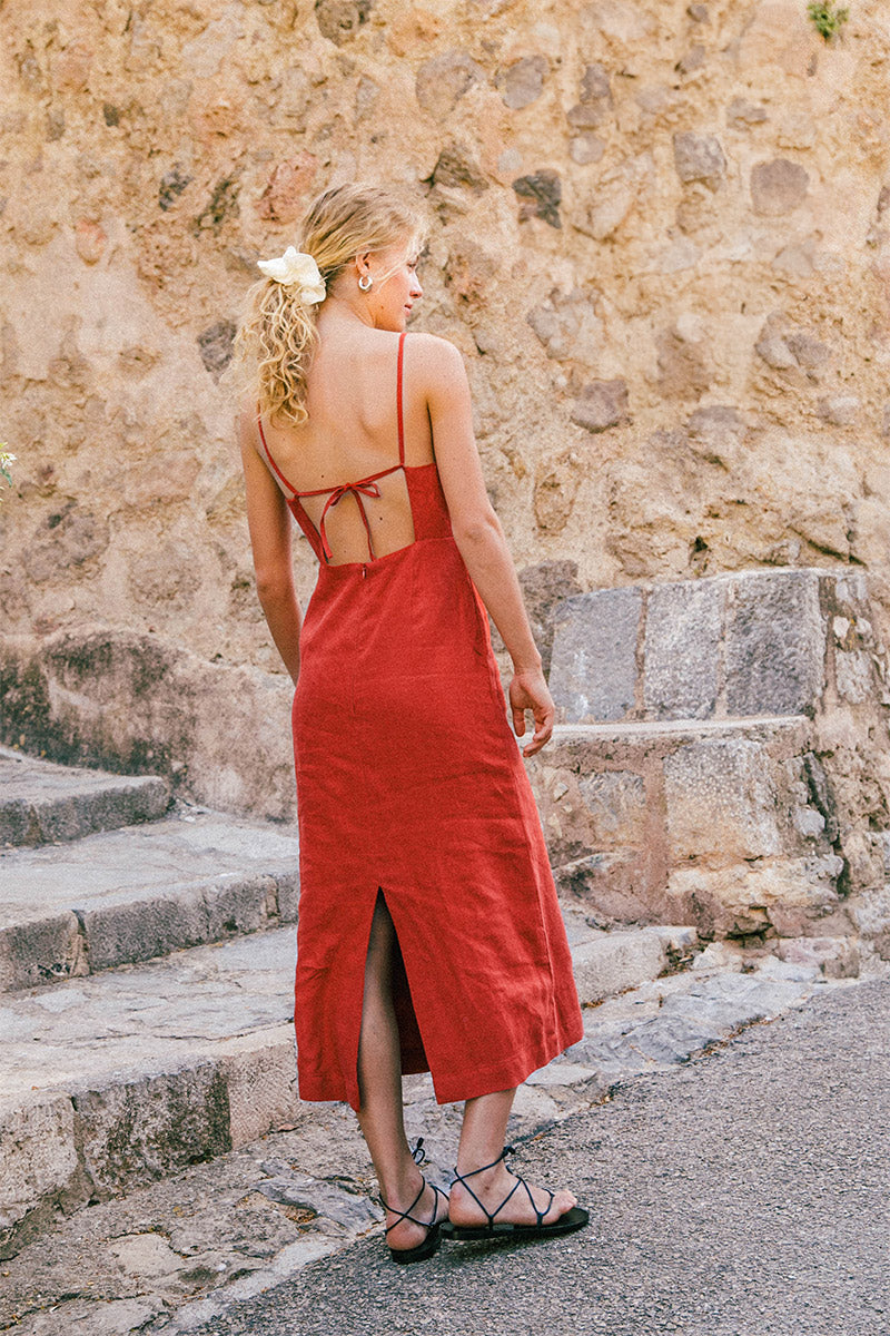 Paprika strappy linen midi shift dress