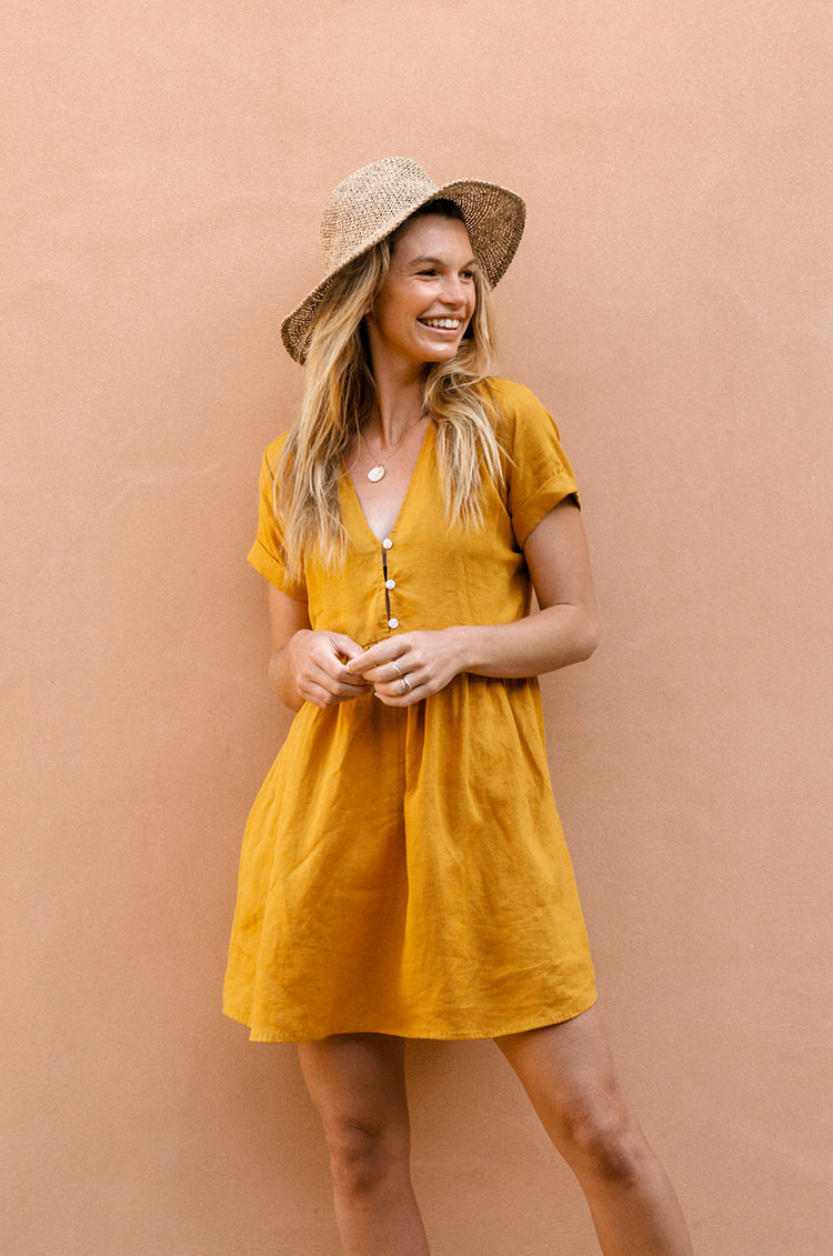 V-neck mustard linen mini dress