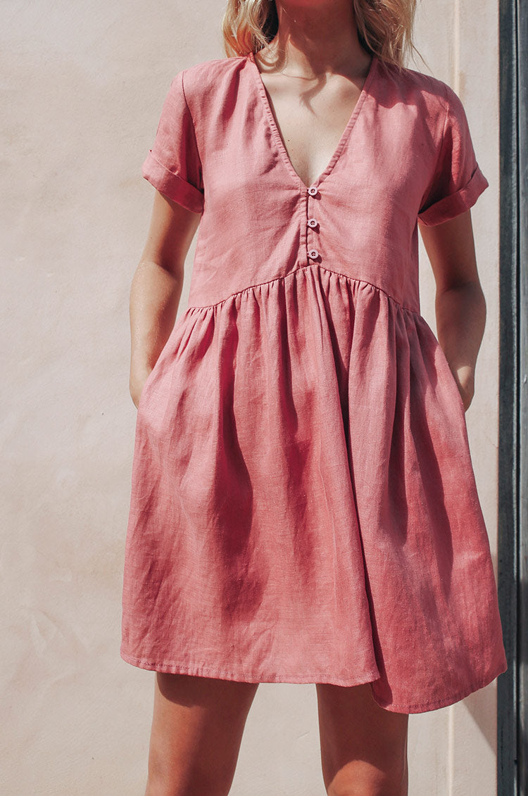 strapless open back dress Babydoll Linen Dress - Dark Rose