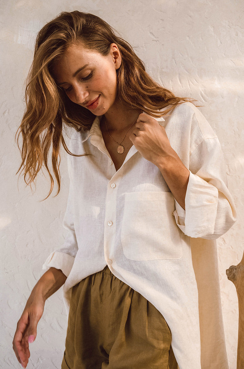 white dress shirt with brown buttons Amelia Poplin Shirt in Brown & White Stripes