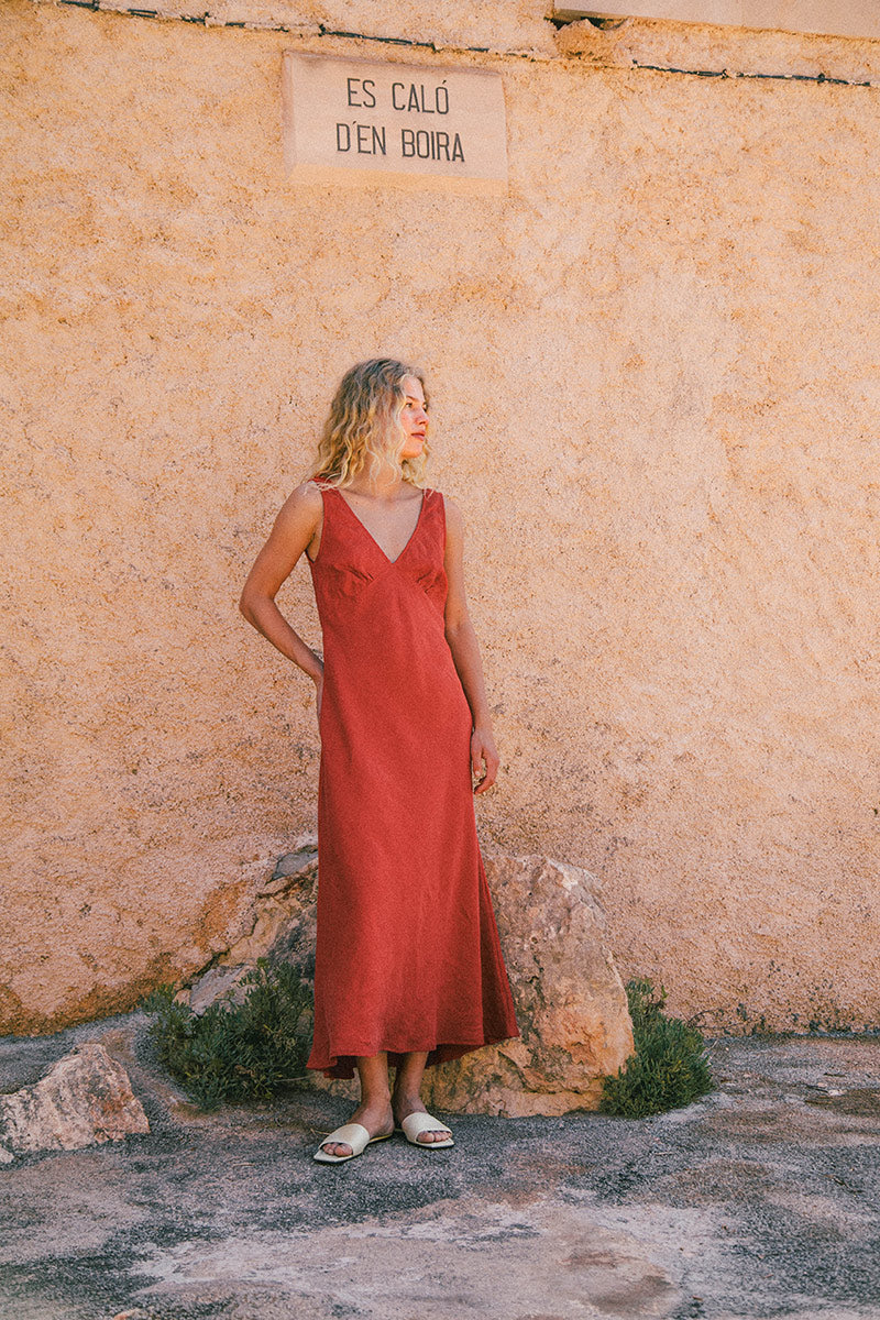 Summer linen slip dress soft red