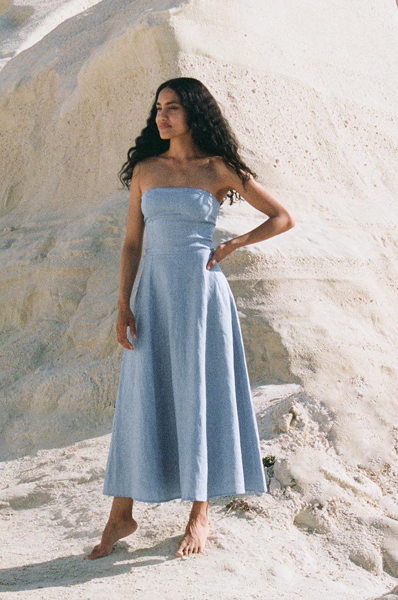 Baby blue linen Italian getaway midi dress