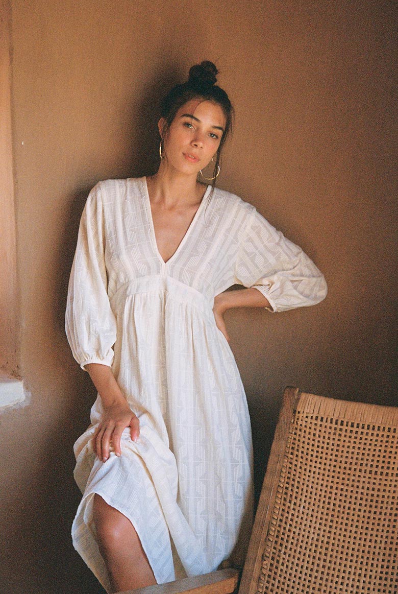 Soft white cotton jacquard ALMA Midi Dress