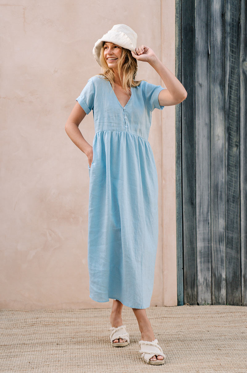 Soft blue button-up bodice - midi dress