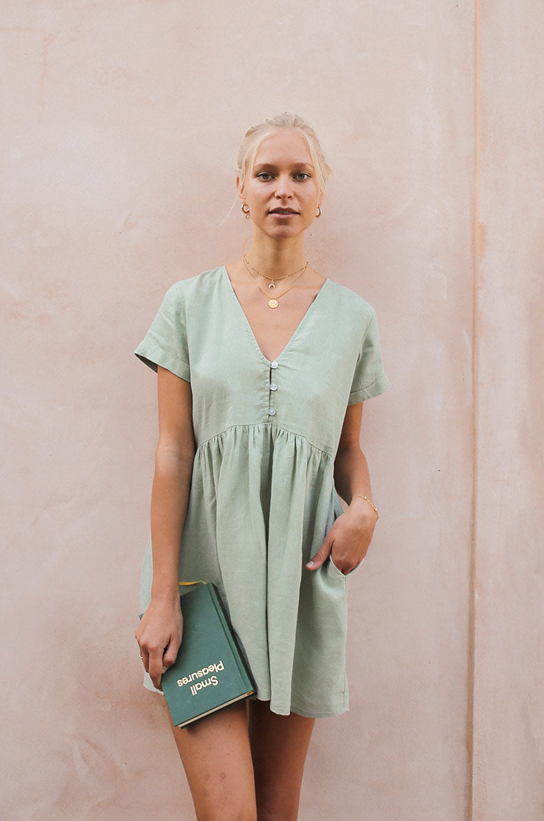 V-neck soft green linen mini dress