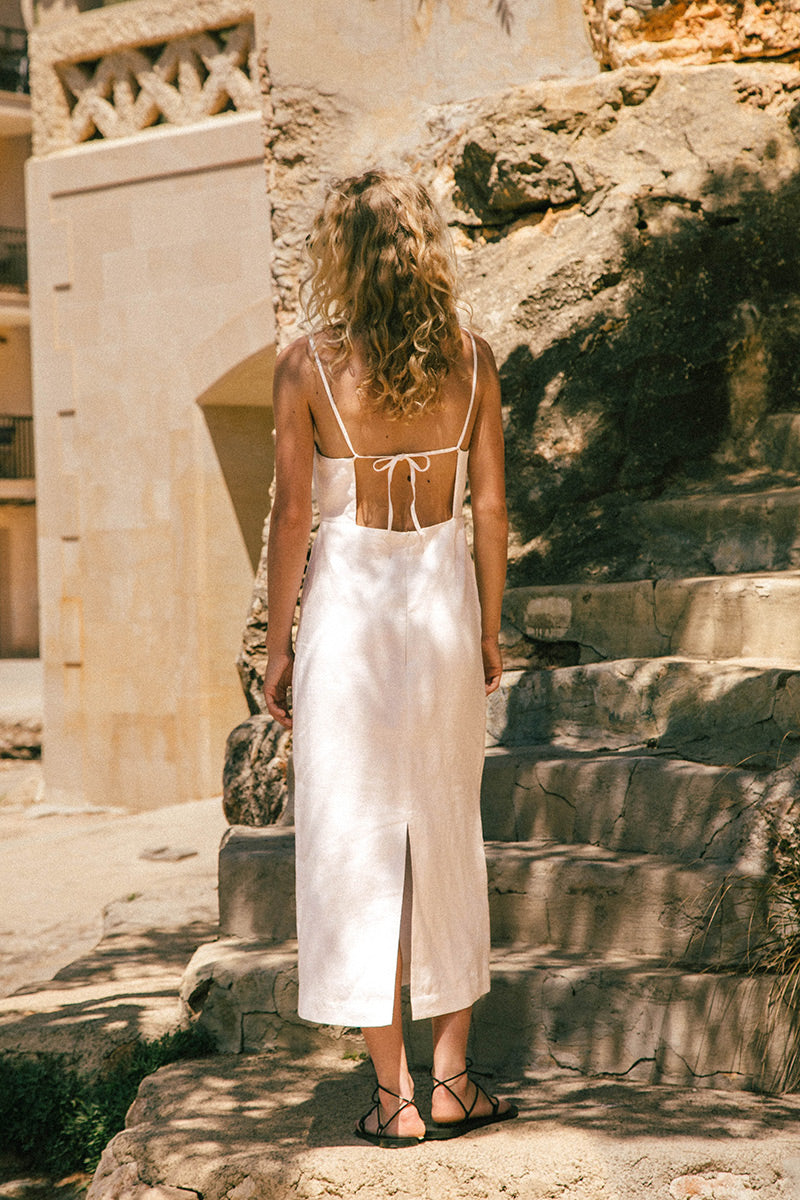 White linen midi dress back tie