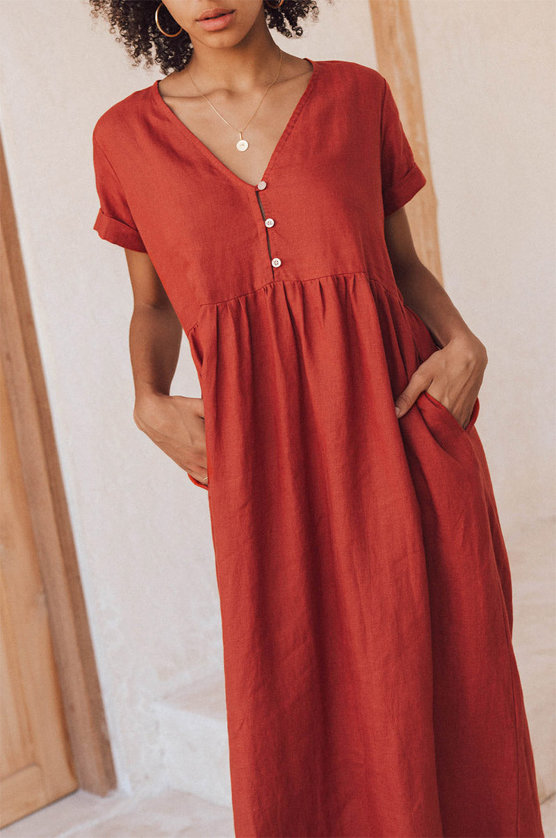 Breastfeeding friendly dress - red v-neck midi