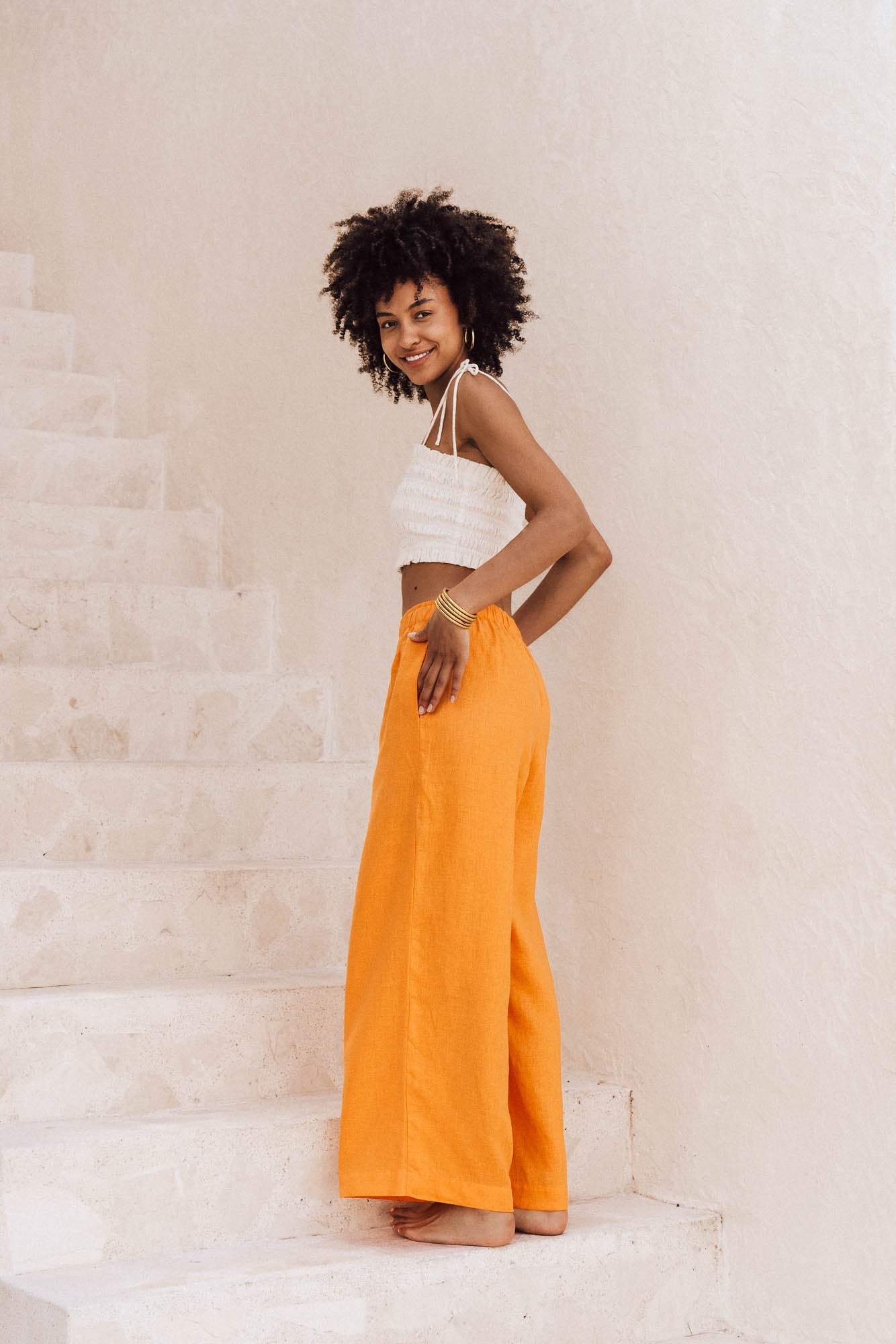 Straight leg mandarin orange linen pants - ethically made