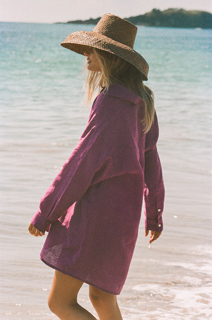 Sustainably made shirt dress - grape purple coloured french linen