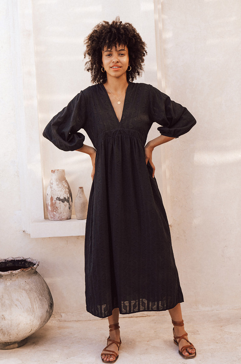 Black cotton jacquard ALMA Midi Dress