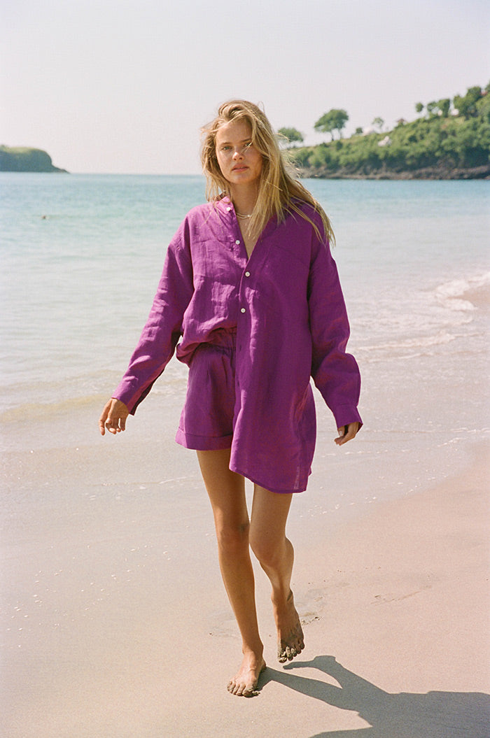 European summer chic - linen royal purple shirt dress