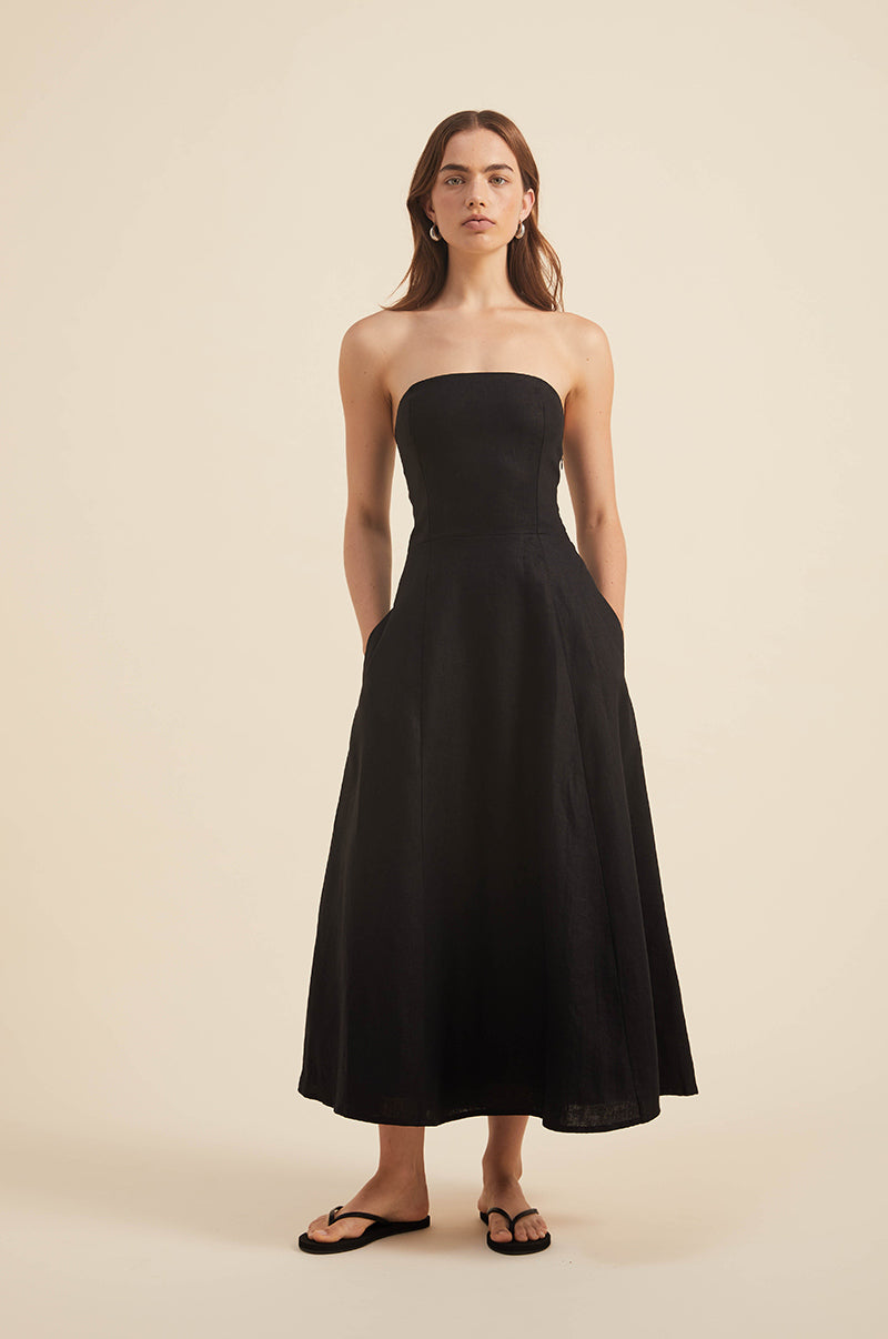 Ethically made jet black linen midi dress - eveningwear