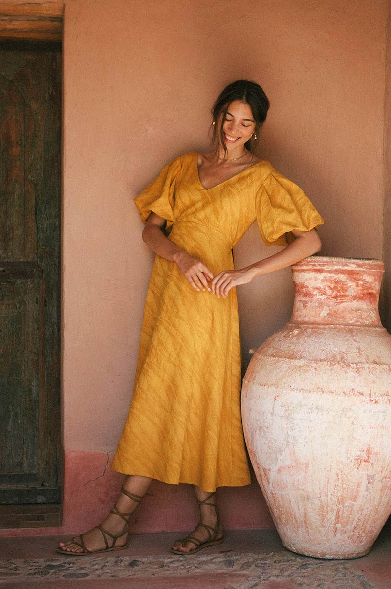 Short puff sleeved v-neck turmeric dress