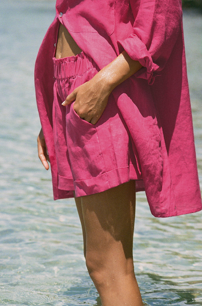 Comfortable loose fitted french linen hot pink shorts