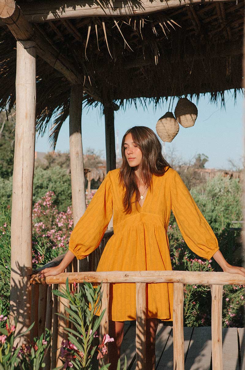 Yellow v-neck cotton day dress