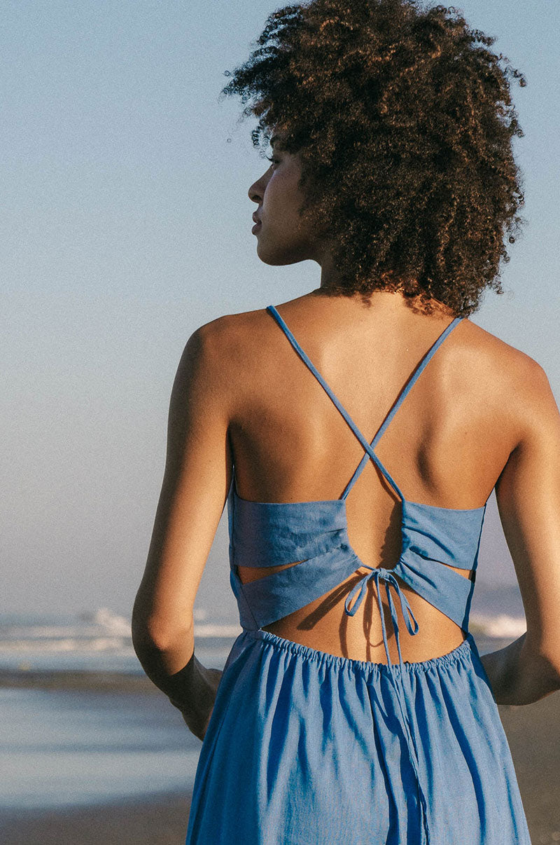 18485 Blue-Ecru Cutout Back Summer Dress