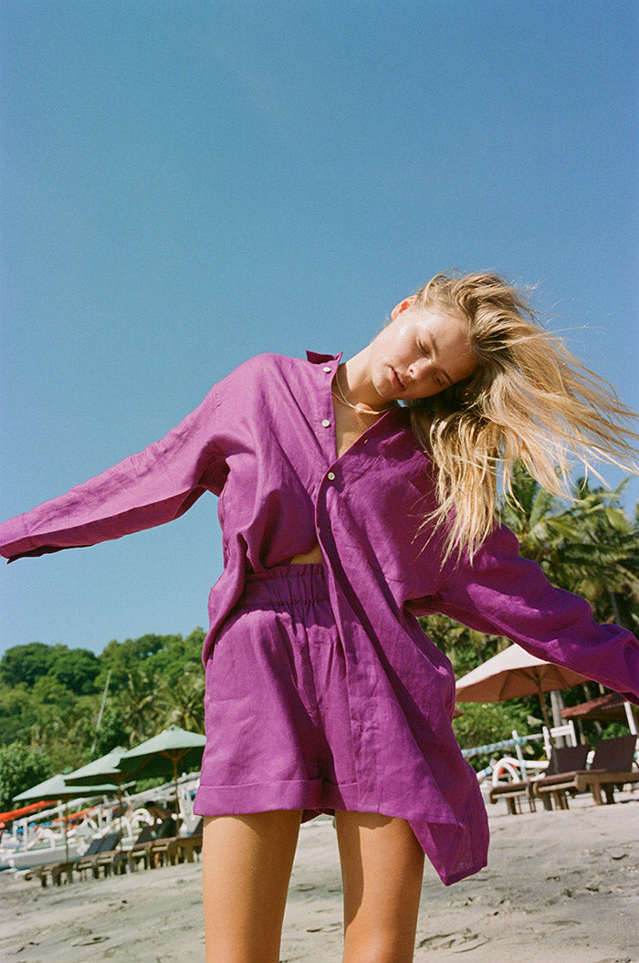 Bold coloured high-waisted beach shorts - sustainable design