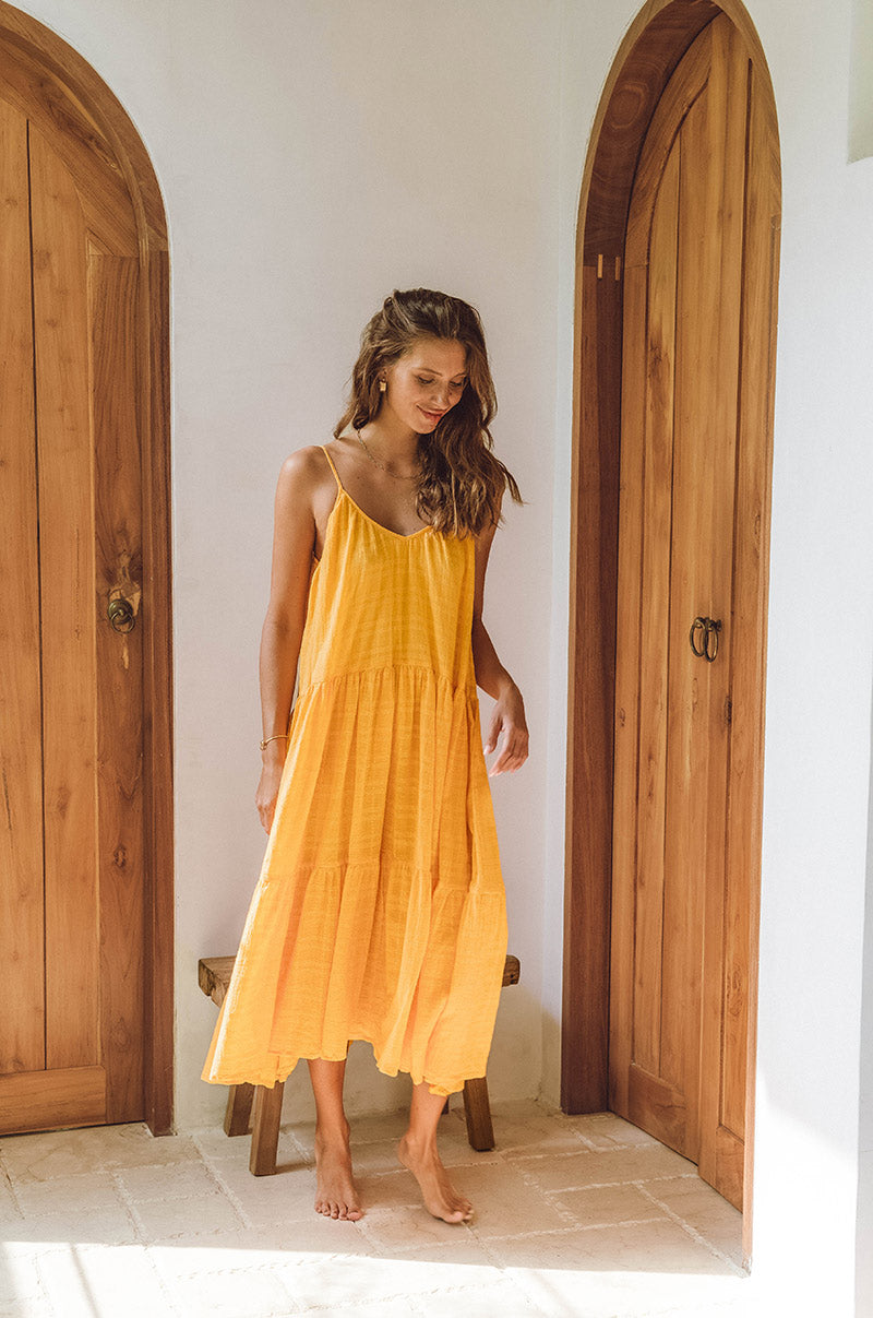 Bohemian v-neck tiered midi dress - sunshine yellow