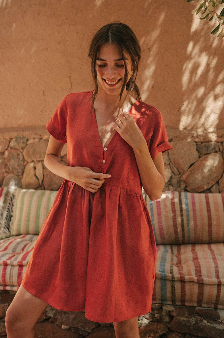 Warm Red Babydoll Dress in French Flax Linen - ROVE