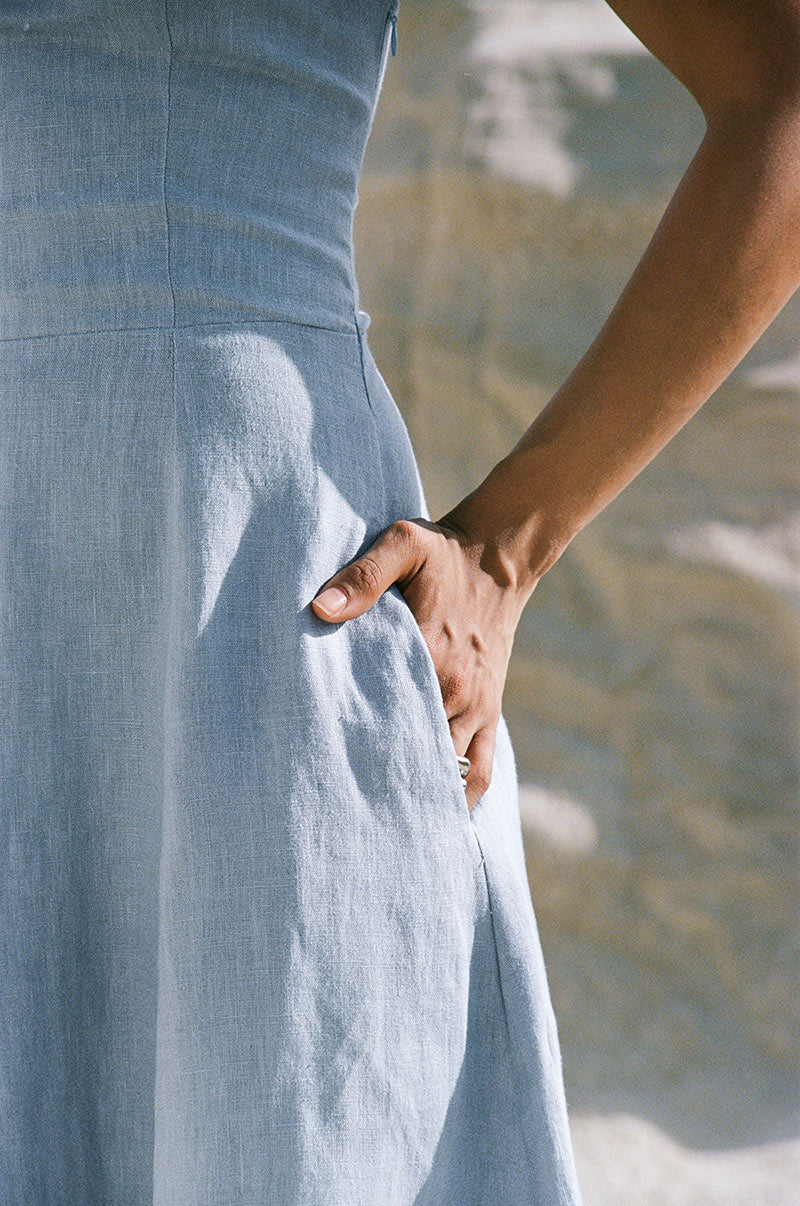 Ethically made denim blue linen midi dress - eveningwear