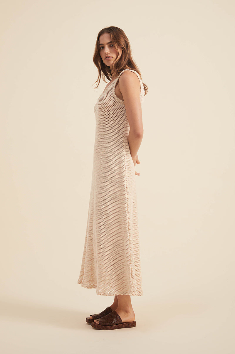 Cotton knit-mesh layering midi dress