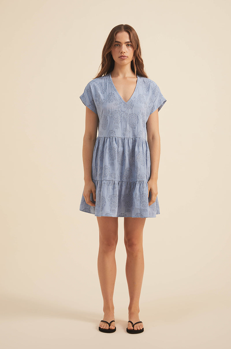 Tiered mini dress - jacquard cotton - floral blue