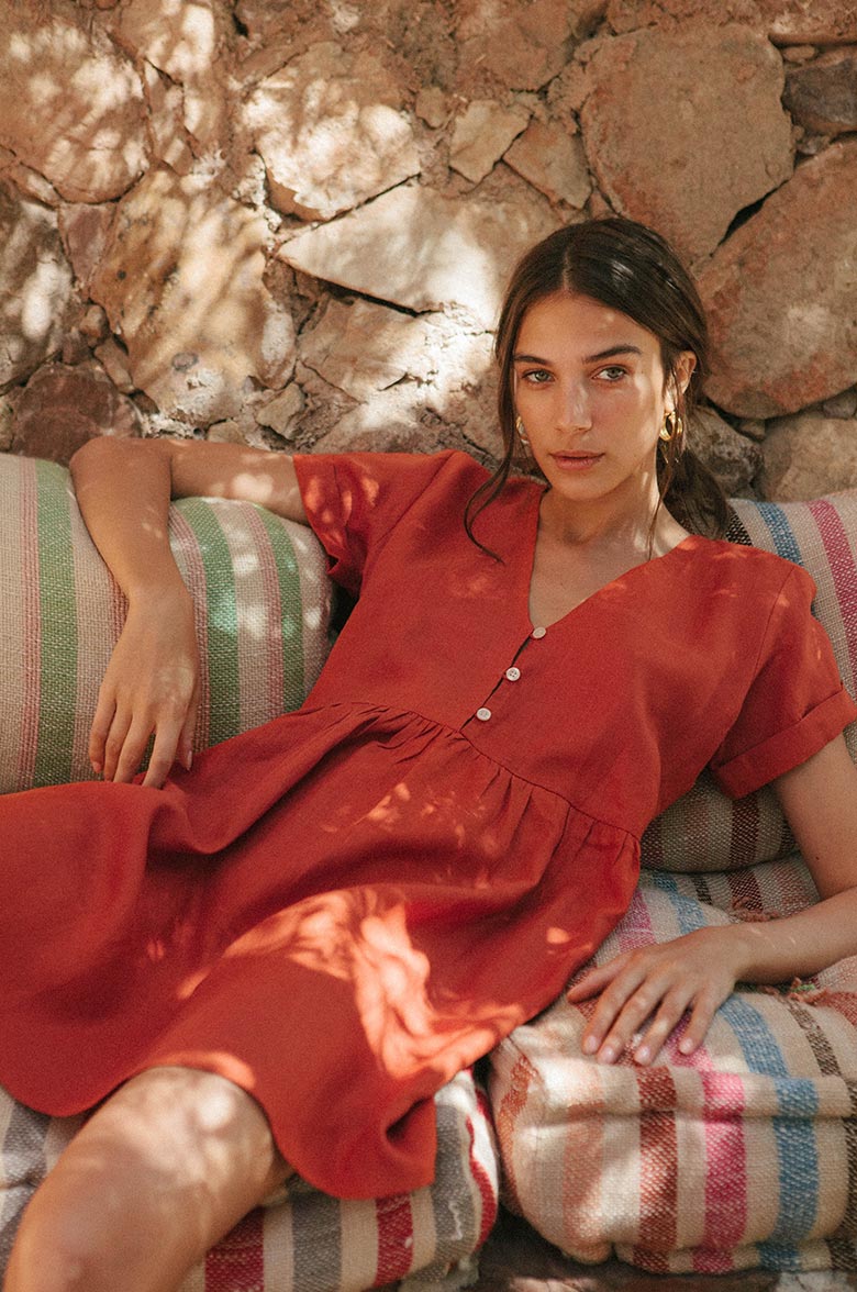 Warm Red Babydoll Dress in French Flax Linen - ROVE