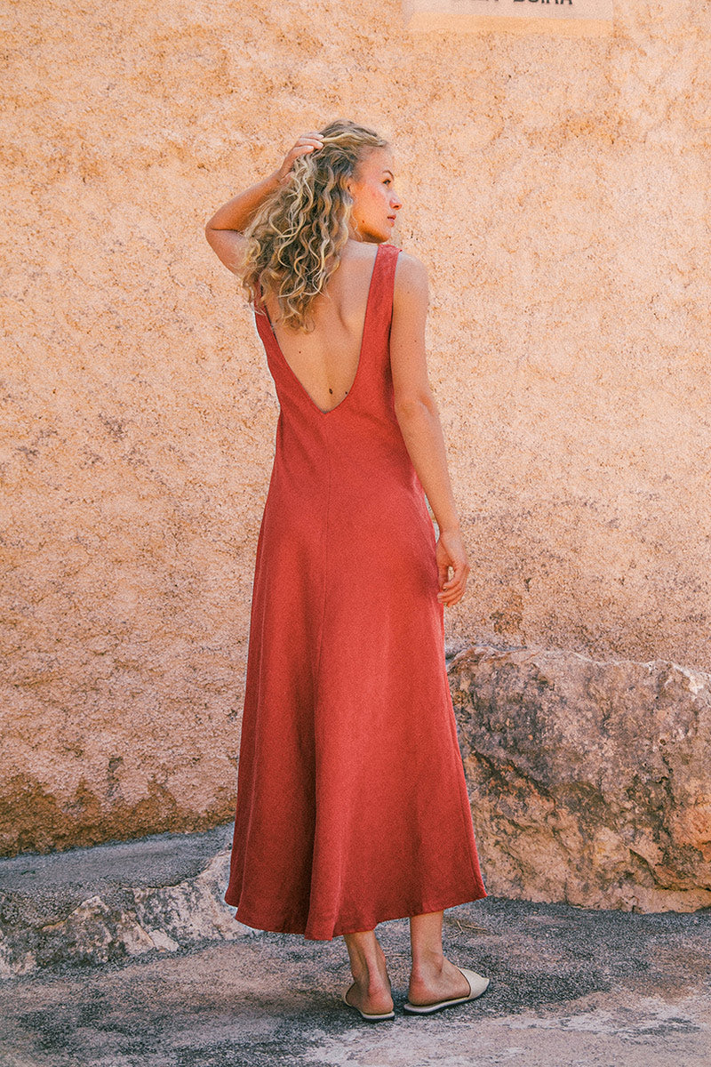 Low scoop back paprika red dress