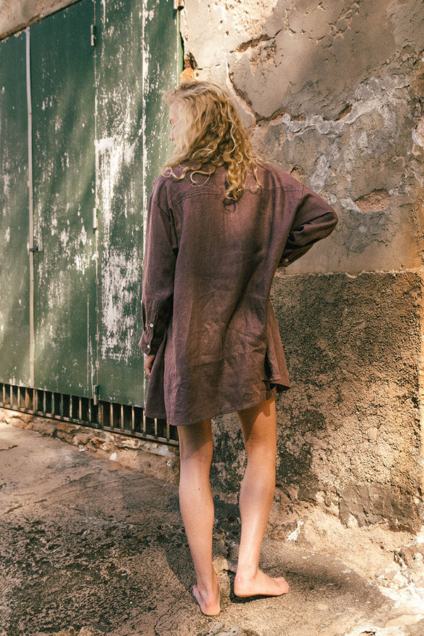 Oversized Shirt-Dress - French Flax Linen in Coffee Brown - ROVE