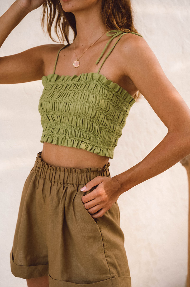 Green shirred crop top - cotton hemp