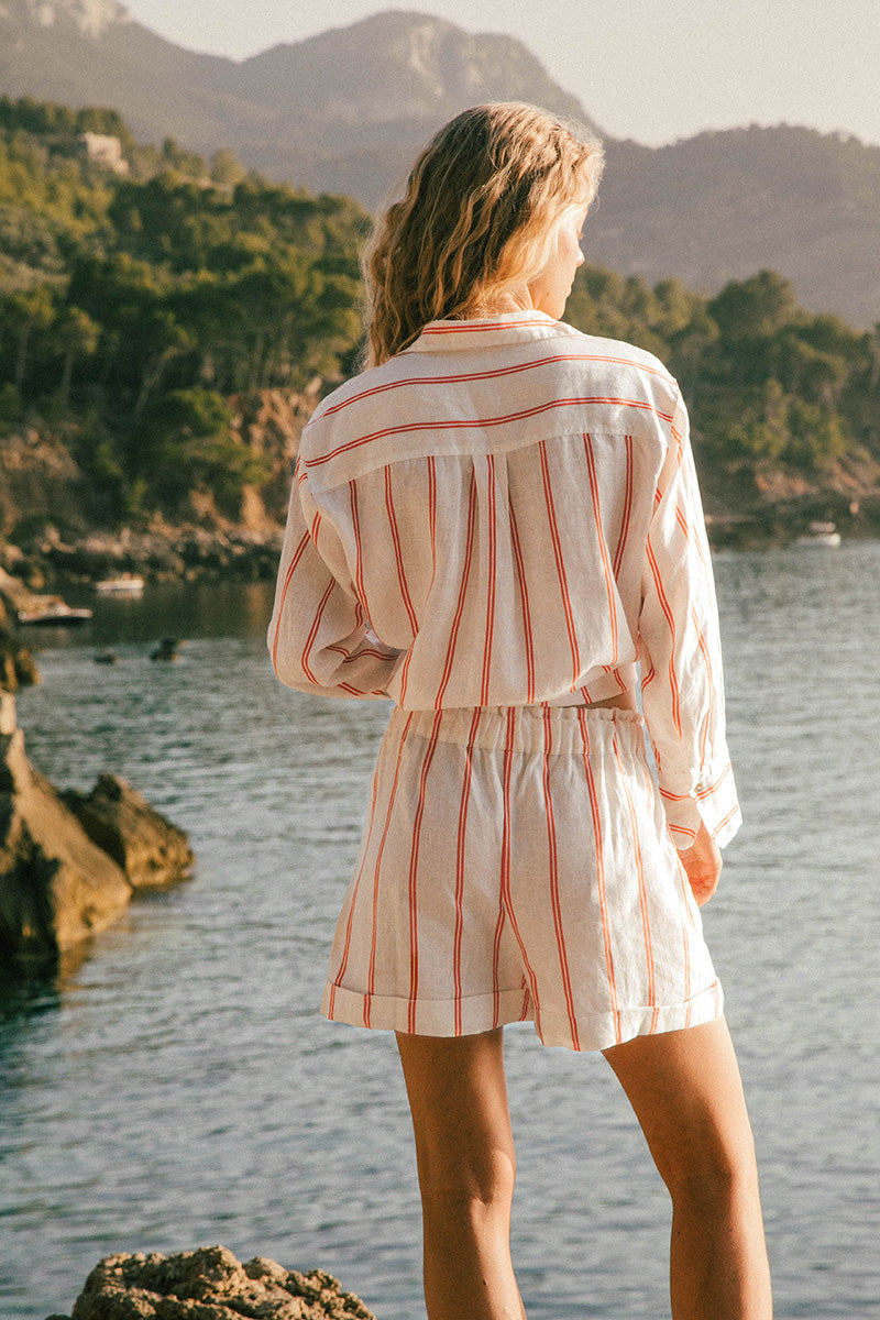Red striped linen shorts