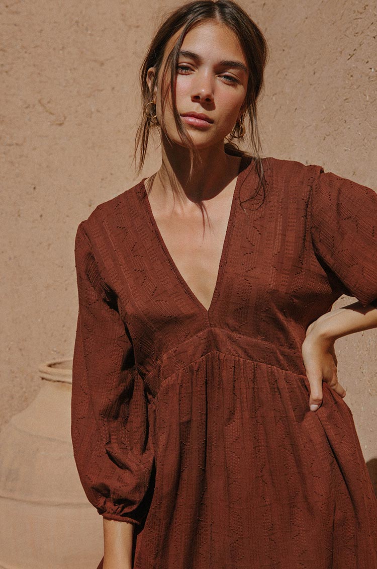 Brown v-neck cotton dress