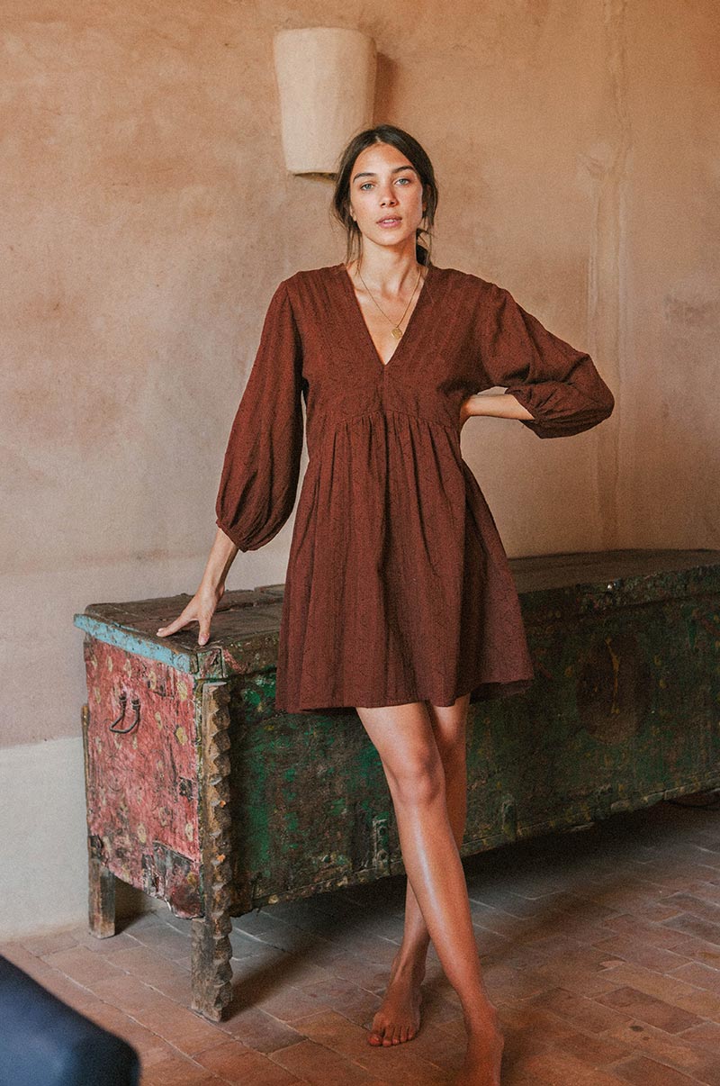 Chocolate cotton jacquard ALMA Mini Dress