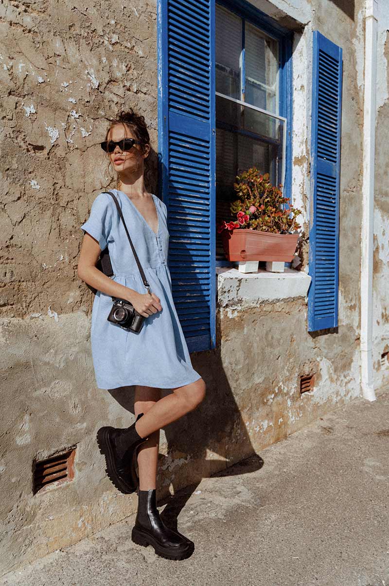 V-neck powder blue linen mini dress