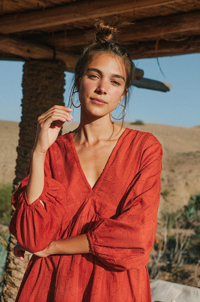 Dark red mini dress with peasant sleeves