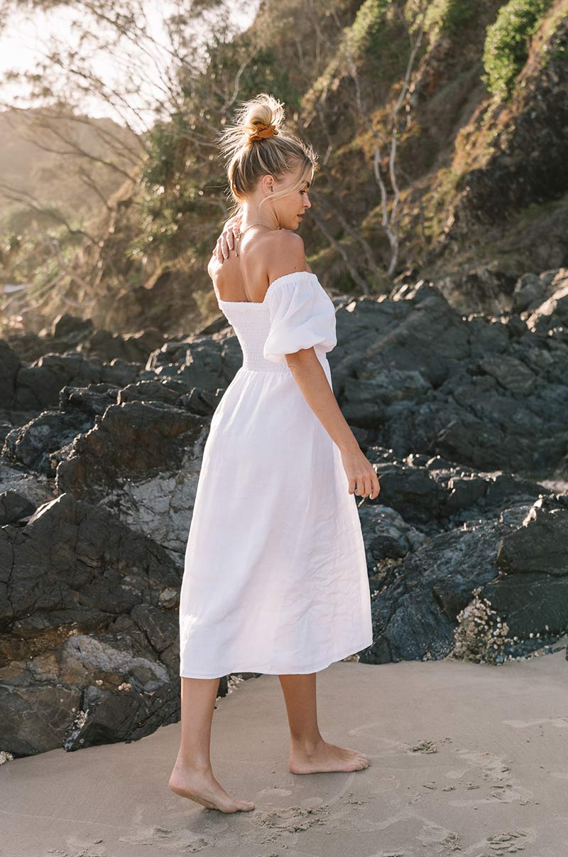 White linen off-shoulder midi dress - sustainable fashion