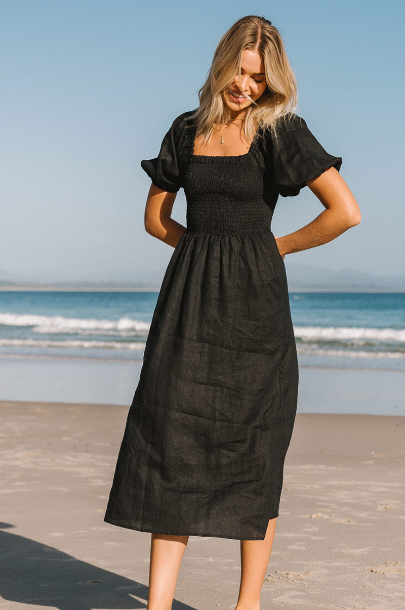Black linen midi dress - sustainable fashion