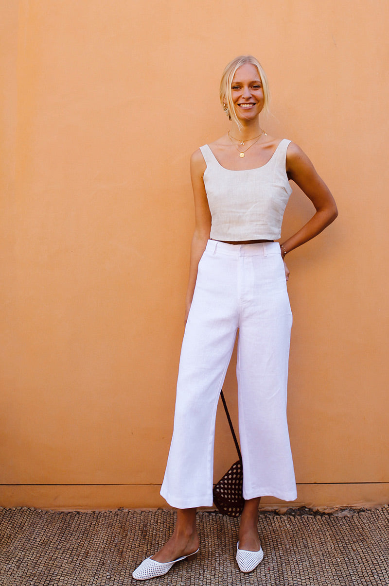 White linen wide leg cropped pants on sale