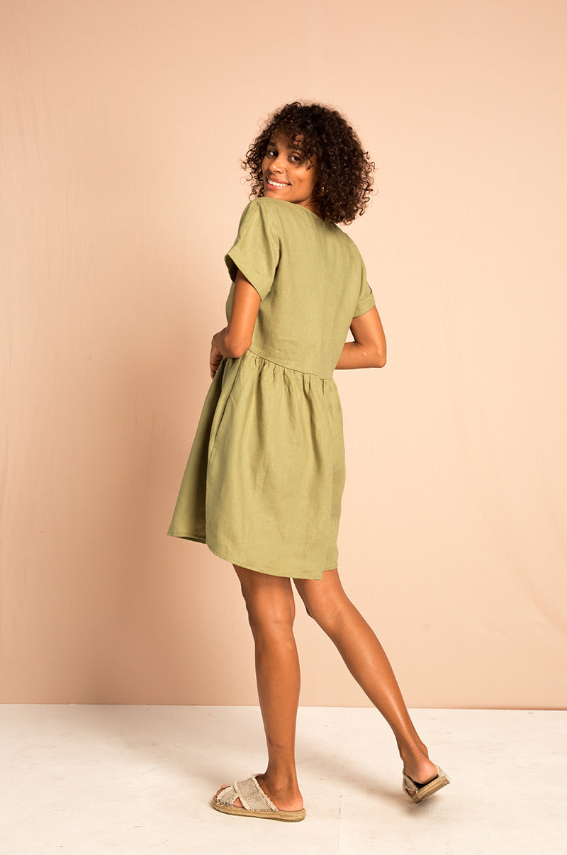 V-neck meadow green linen mini dress
