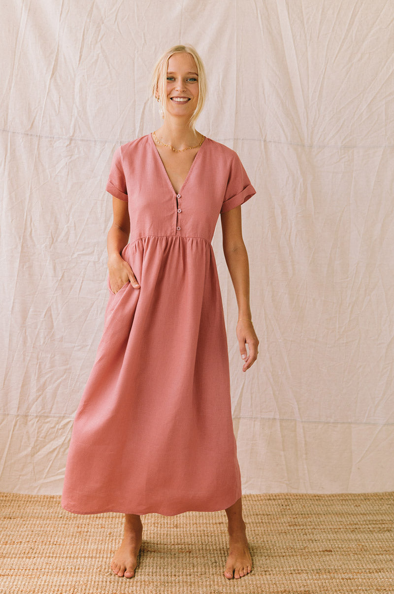 Dark blush linen SUNSEEKER Midi Dress