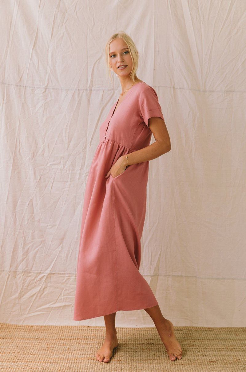 Dark blush linen SUNSEEKER Midi Dress