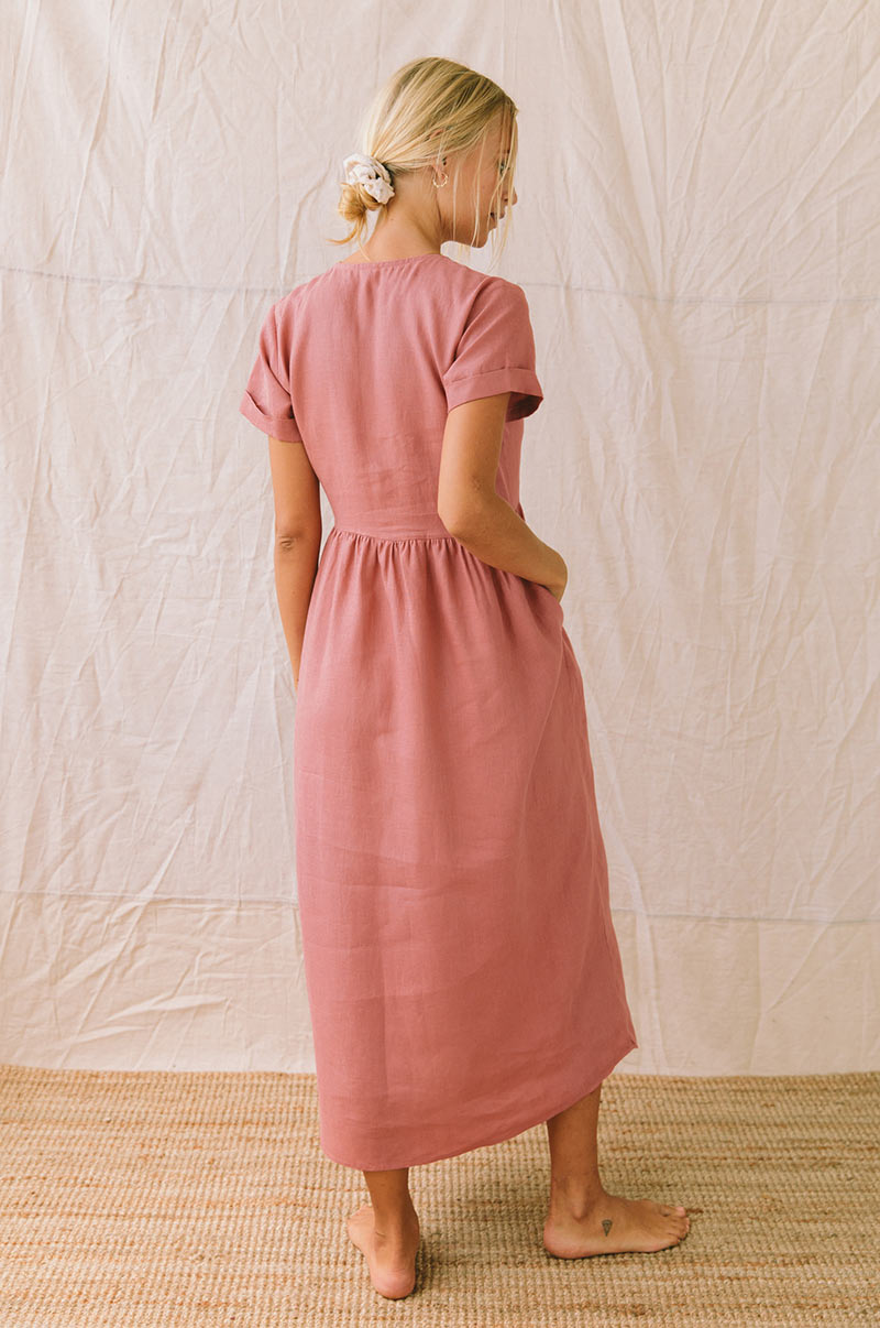 Long baby doll bubblegum pink linen midi dress