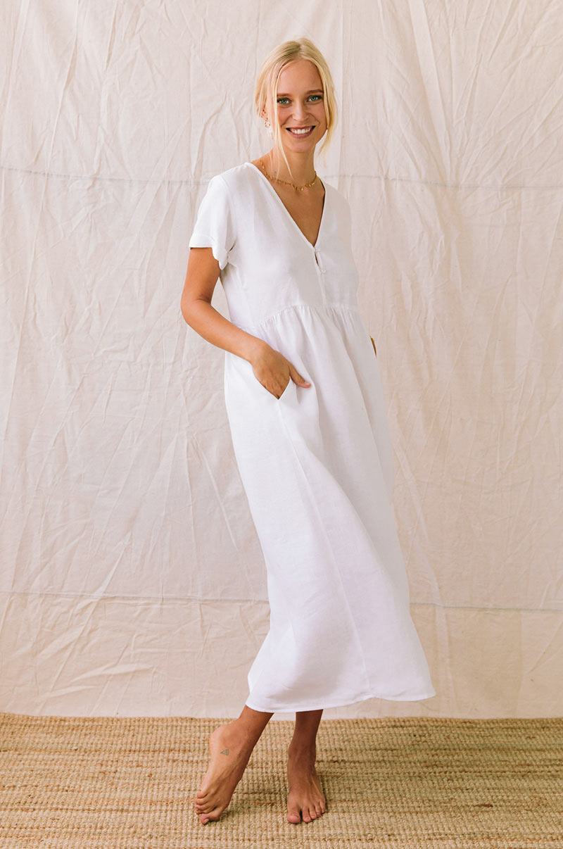 Long baby doll white linen midi dress