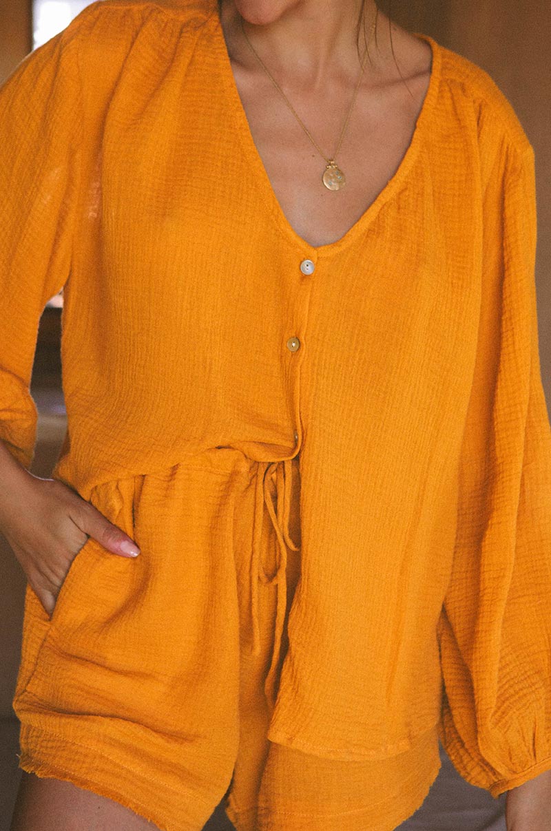 Loose shirt and short lounge set - tangerine yellow